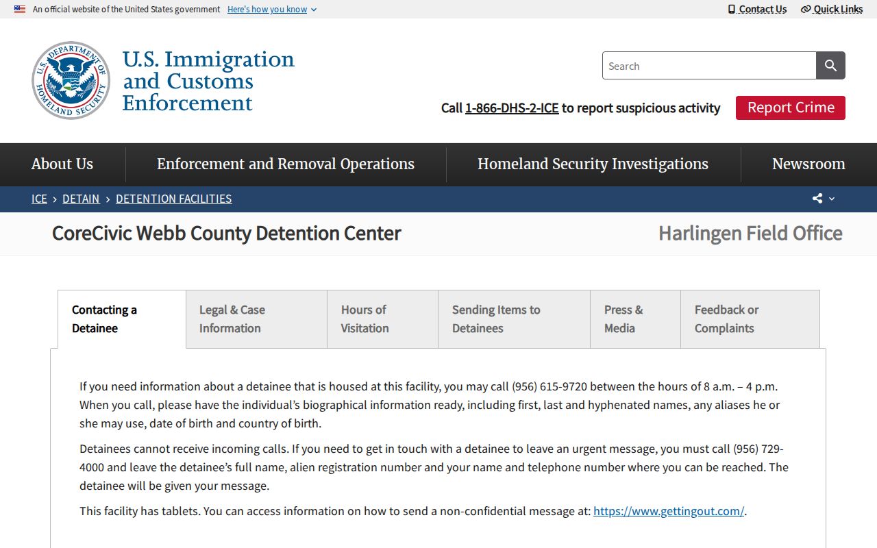 ICE Webb County Detention Center official facility information