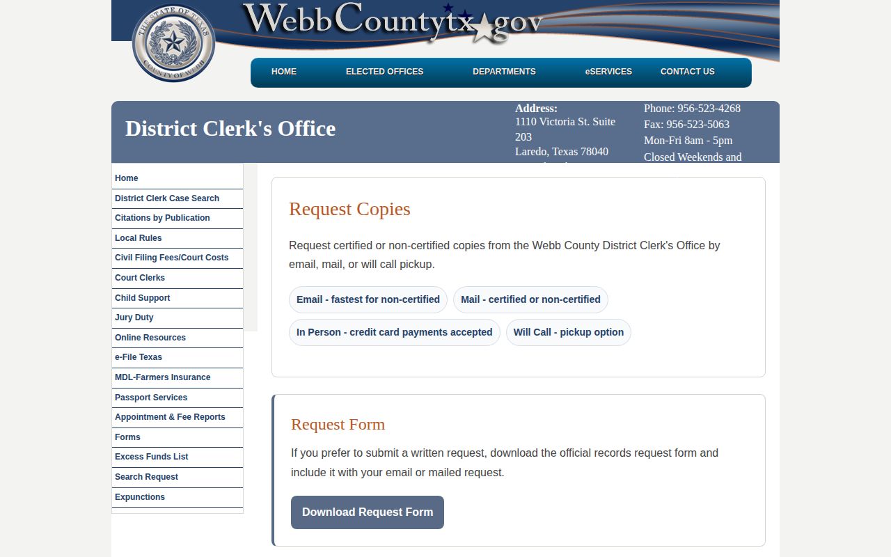 Webb County released inmate court record copy request page